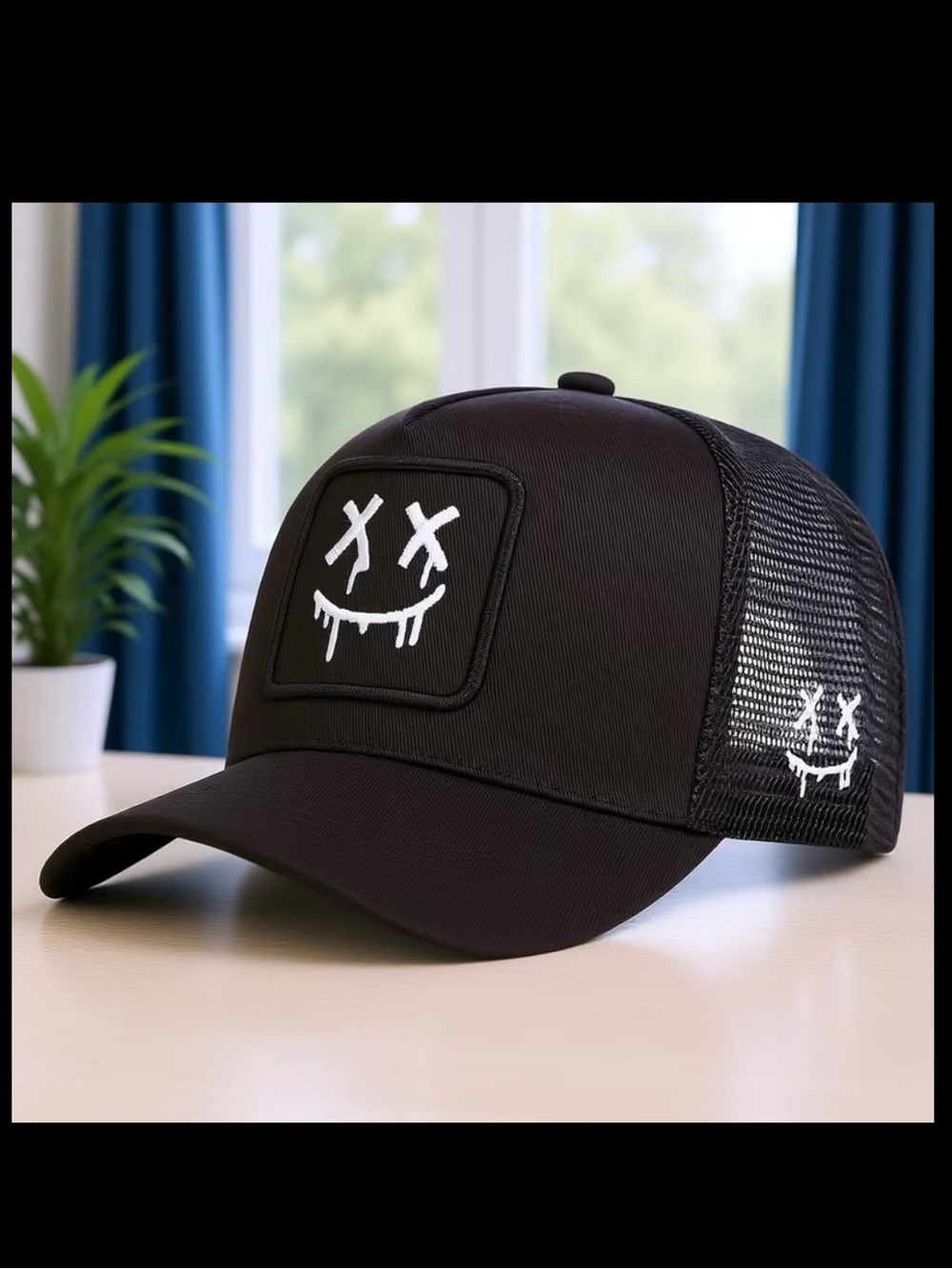 Black Mesh Trucker Cap with White Drip Smile Patch NWOT